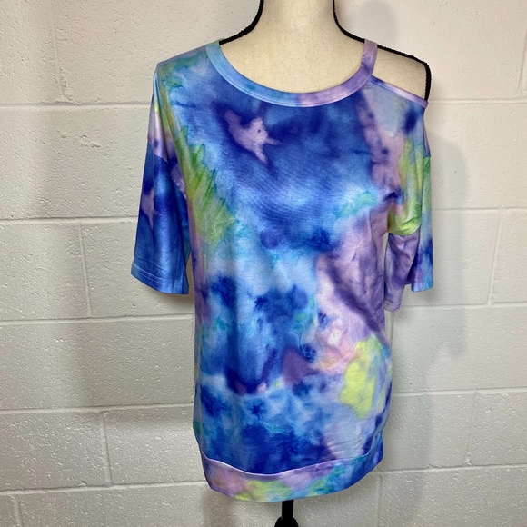 Aly Daly Blue Purple Green Tie Dye Off One Shoulder T-shirt - Picture 1 of 9